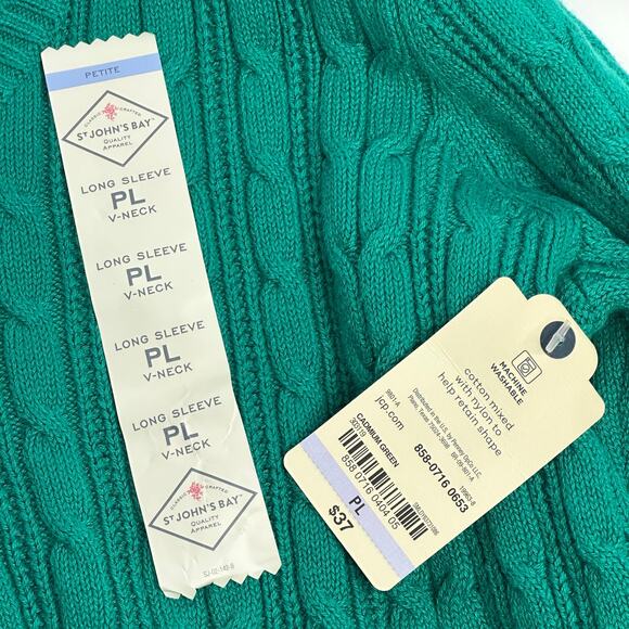 NWT St. John's Bay Green Cable Knit V-Neck Sweater Womens Petite Size PL Preppy - Picture 9 of 10